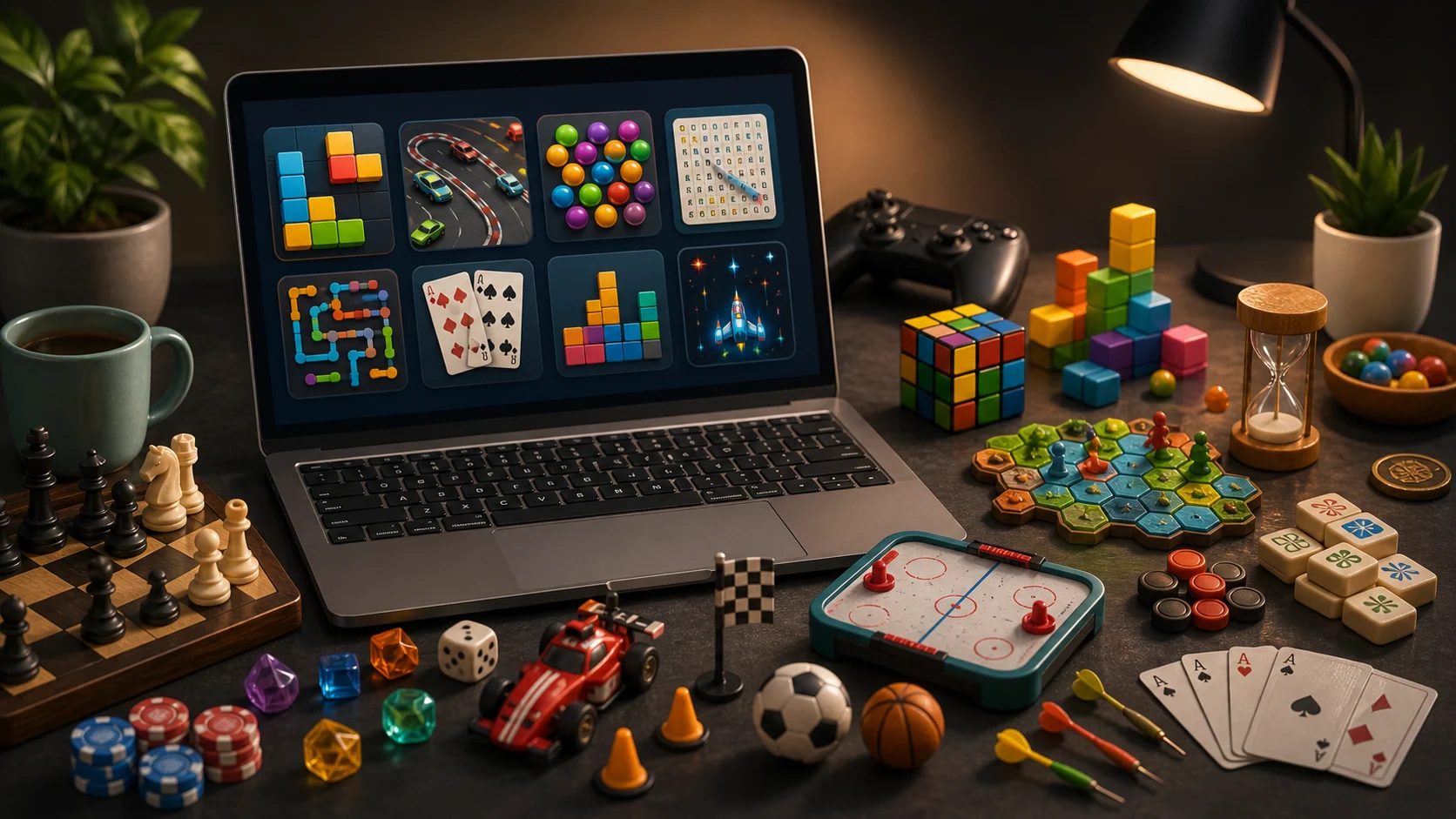 Illustrated laptop showing a colorful browser game library with many tabletop game tokens