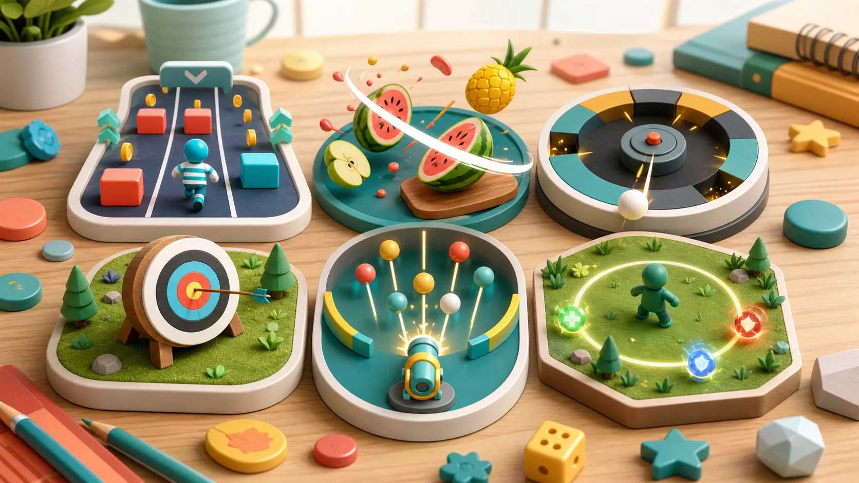 Illustration of abstract action game moments with lane dodges, fruit arcs, targets, falling balls, and survival markers
