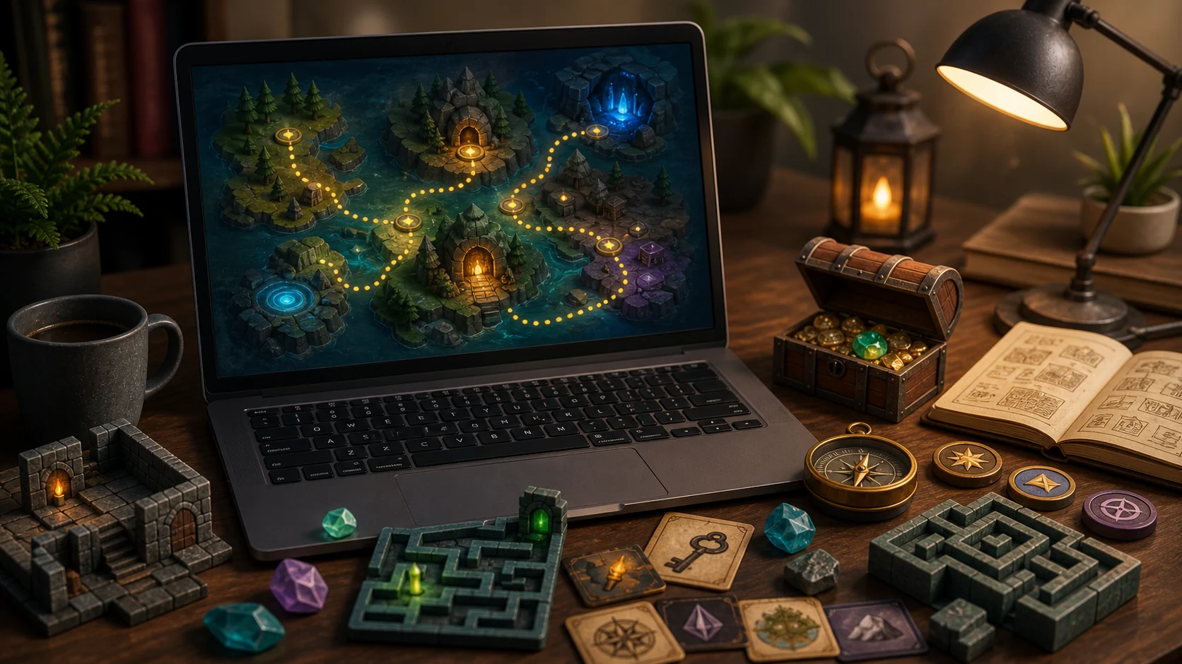 Illustrated browser adventure map with cave paths, clue cards, and a small treasure chest