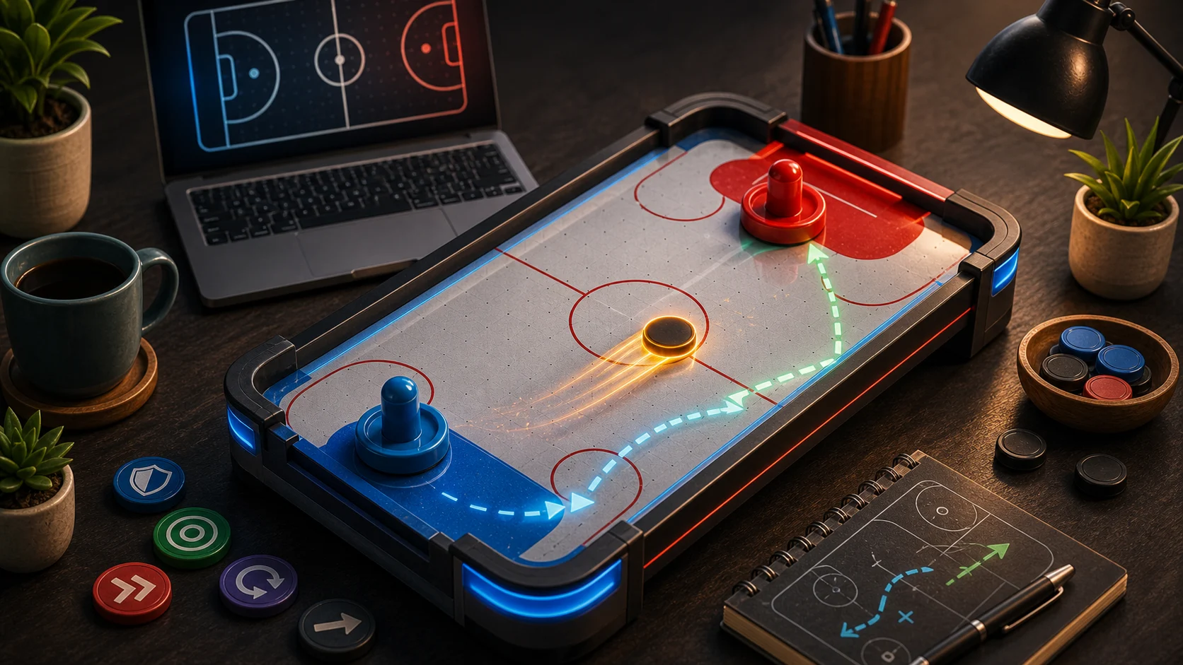 Illustrated tabletop air hockey arena with paddles, puck trail, and bank shot lanes