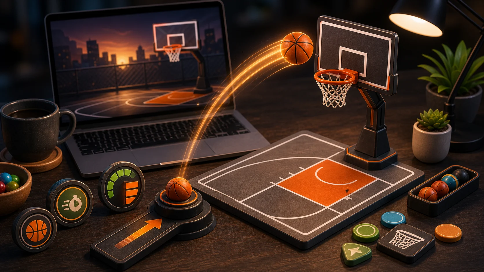 Illustrated desktop basketball hoop with an orange ball following a clean swipe arc