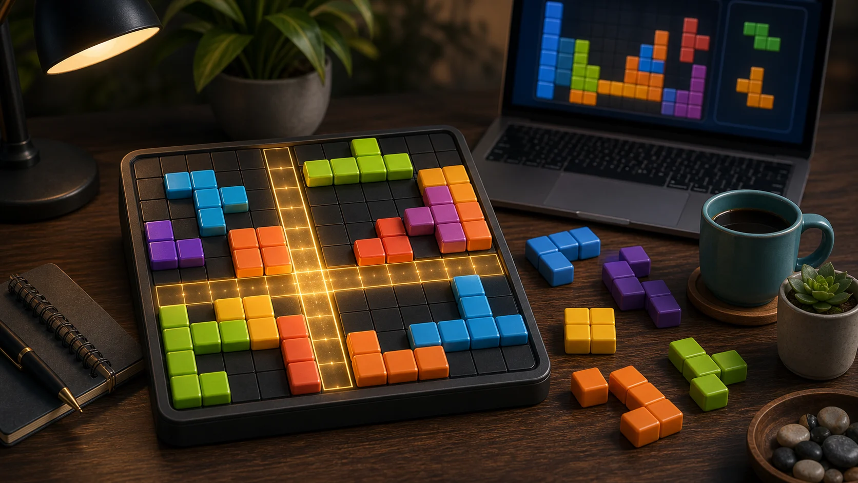 Illustrated block puzzle board with colorful pieces, open lanes, and cleared row glow