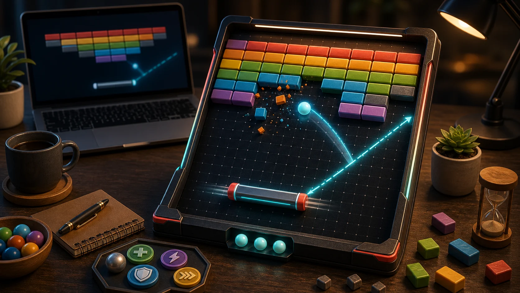 Illustrated breakout board with a paddle, glowing ball trail, and colorful brick wall