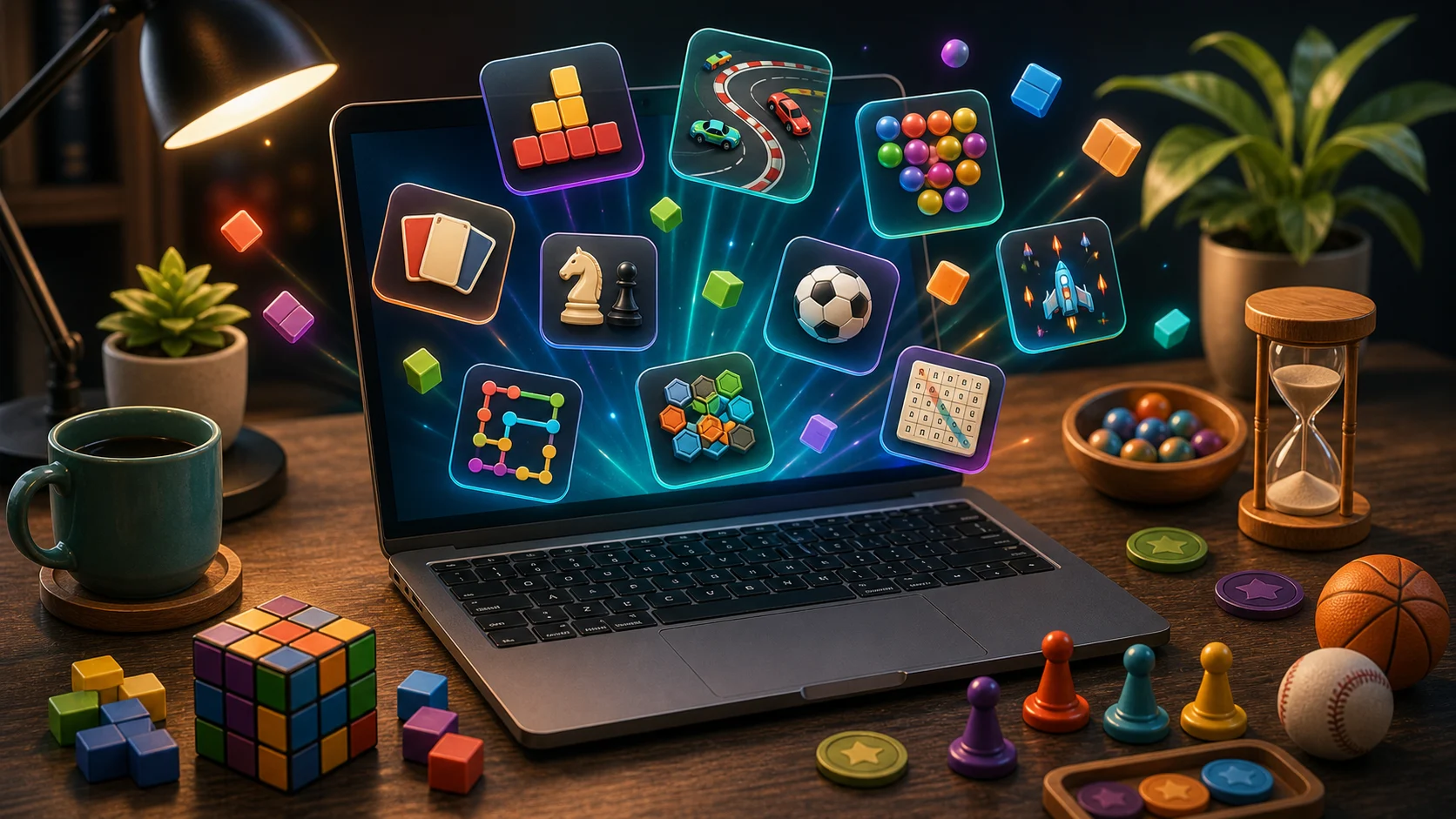 Illustrated laptop with instant-play game tiles and colorful tabletop browser game tokens