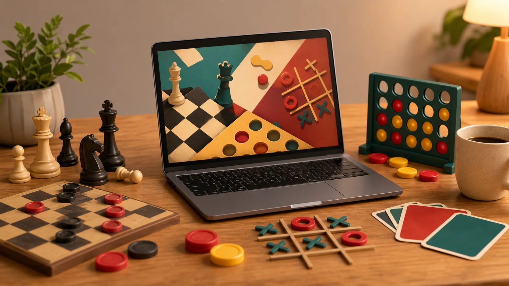 Illustration of a laptop surrounded by chess pieces, checkers discs, connect-four tokens, tic-tac-toe marks, and colorful cards