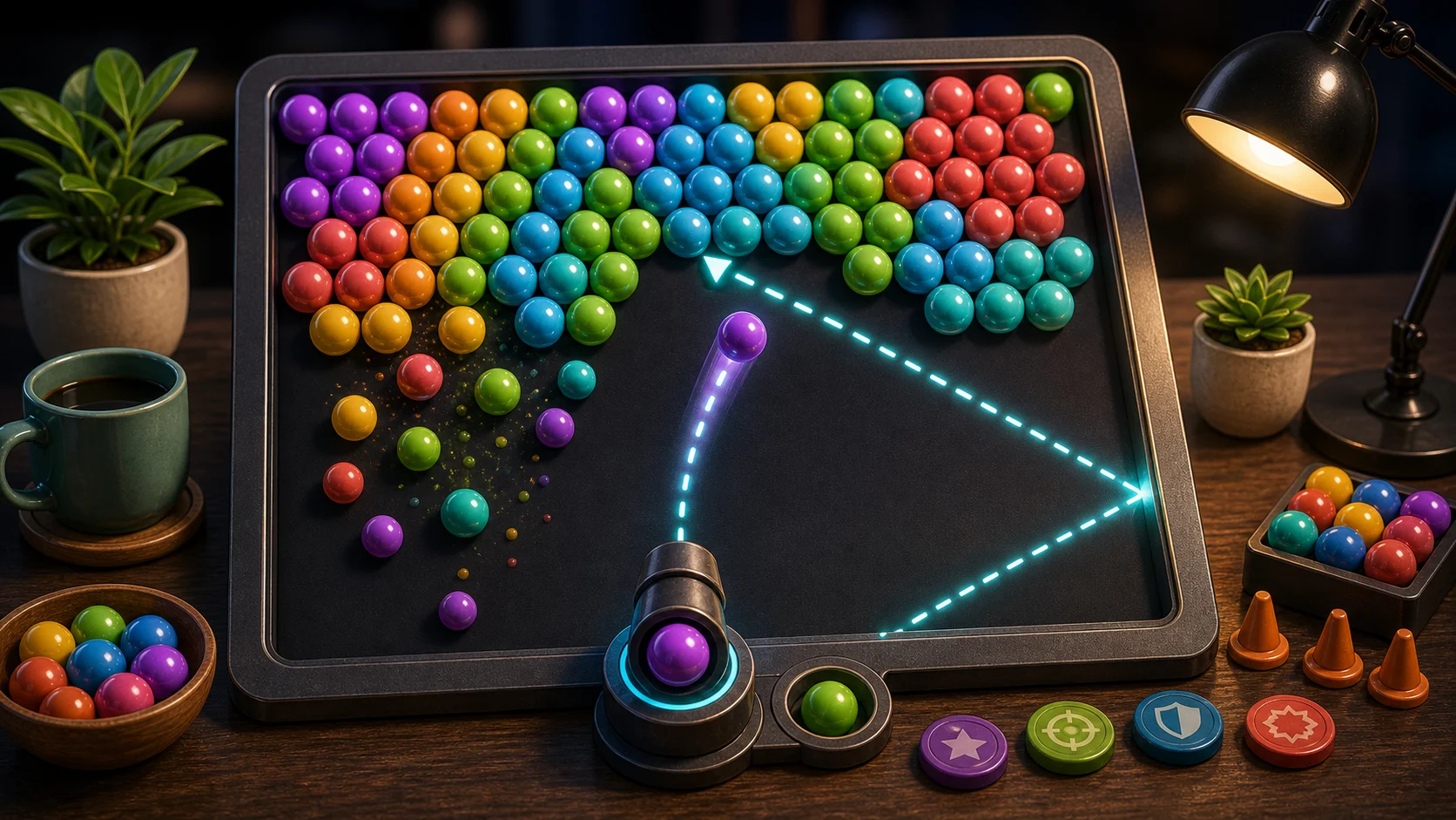 Illustrated bubble shooter board with glossy color clusters, launcher, and bank-shot path
