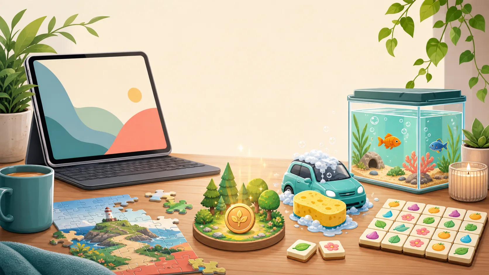 Cozy desk illustration with an aquarium, jigsaw puzzle, toy car wash, garden token, and matching tiles for calm browser games