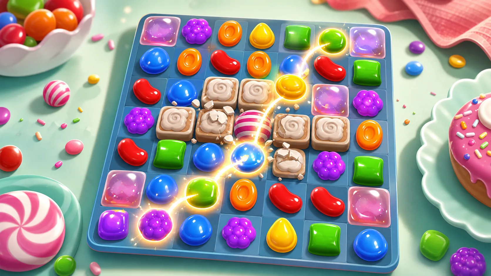 Colorful illustrated match-3 candy board with jelly tiles, frosting blockers, and a glowing cascade