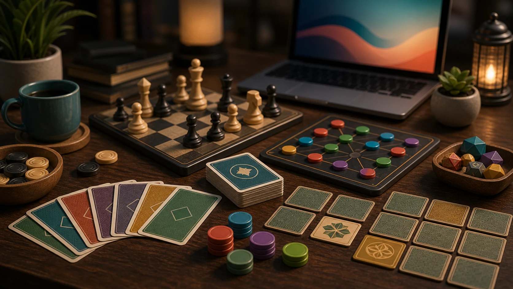Illustrated tabletop spread of unmarked cards, board pieces, checker tokens, and memory tiles