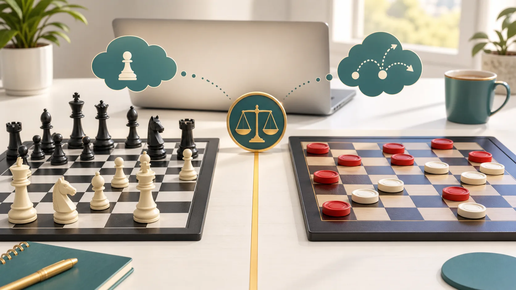 Illustration of a tabletop split between chess pieces and checkers discs beside a laptop