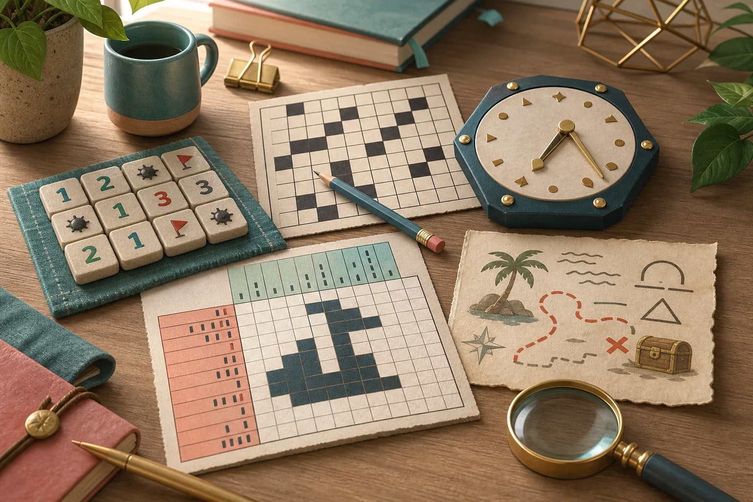 Illustrated tabletop with crossword, number clue, nonogram, clock puzzle, and treasure map elements