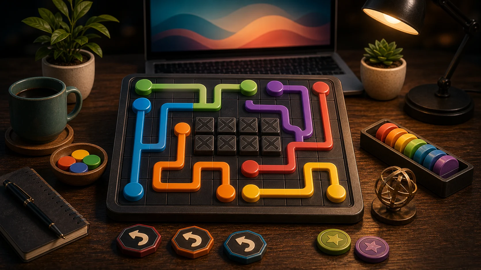 Illustrated connect-the-dots puzzle board with colored pairs and clean non-crossing path lines