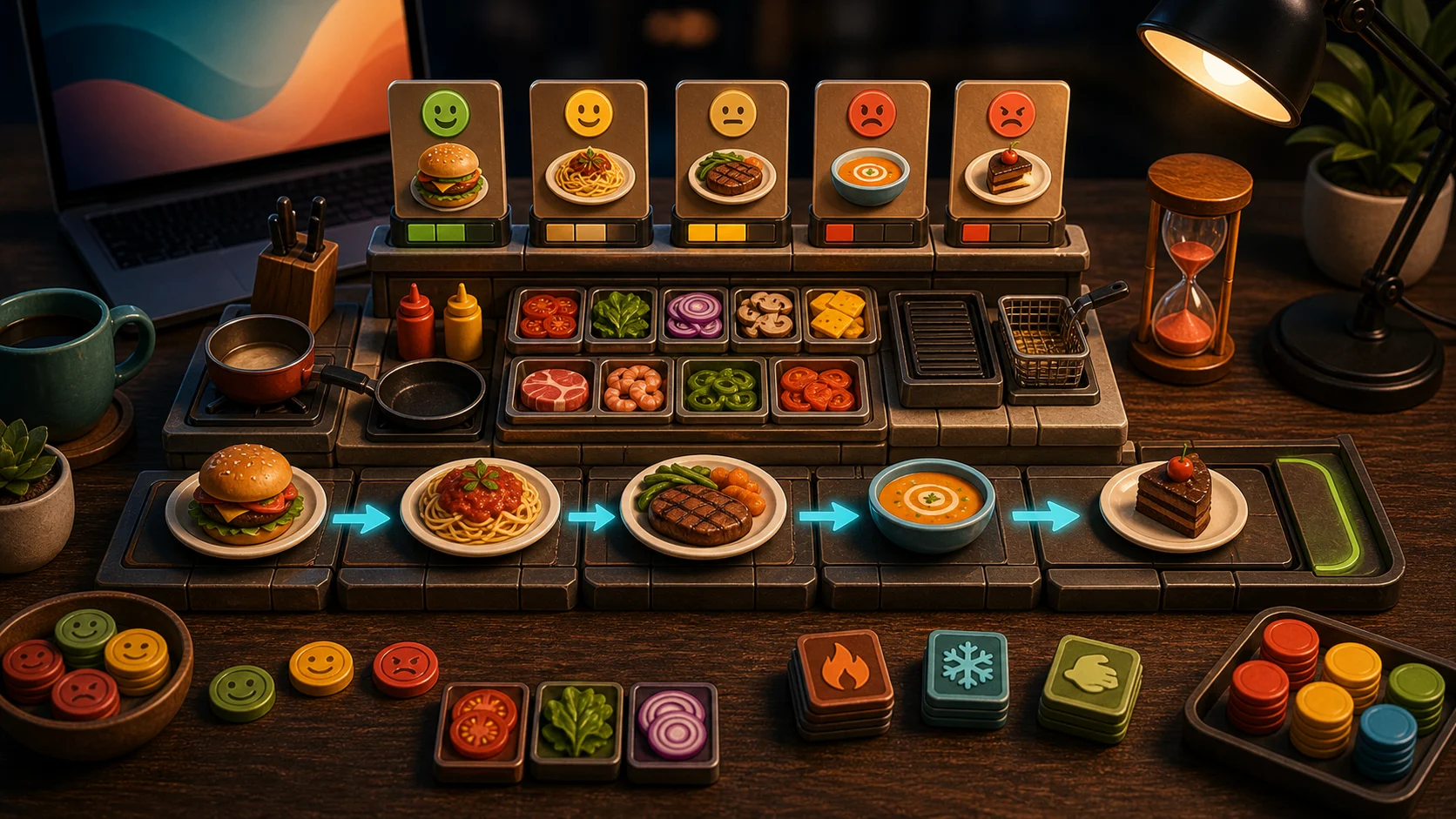 Illustrated kitchen counter with ingredient tokens, prepared plates, tray paths, and patience markers