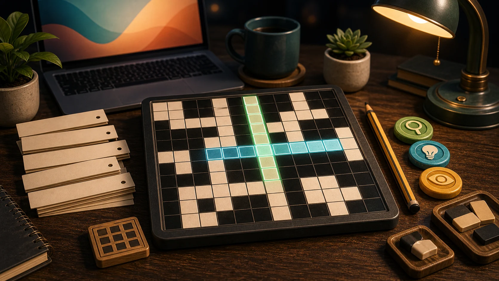 Illustrated blank crossword grid with clue strips, crossing highlights, and reveal tokens