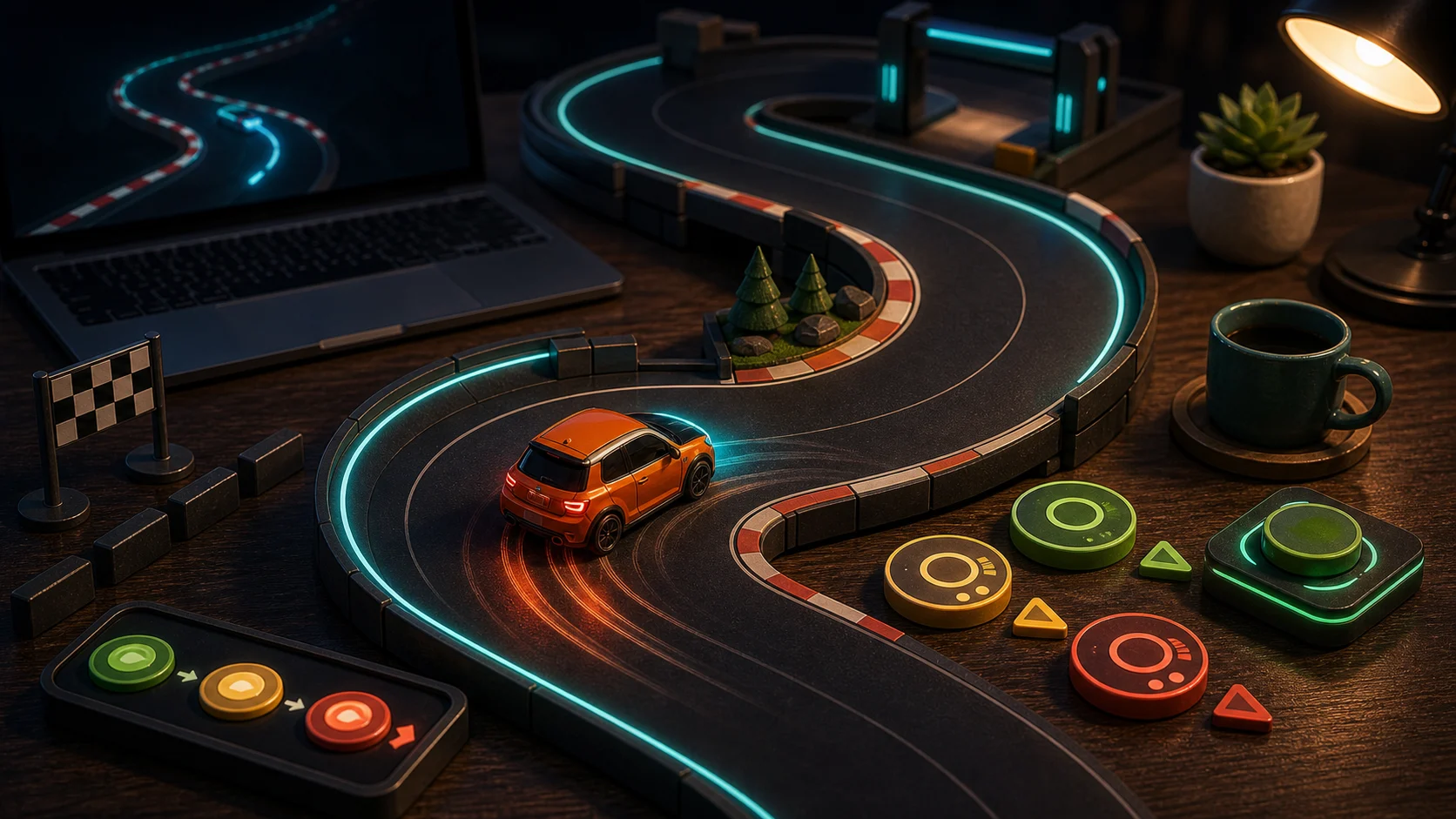 Illustrated winding road track with a small drifting car, timing tokens, and tire glow