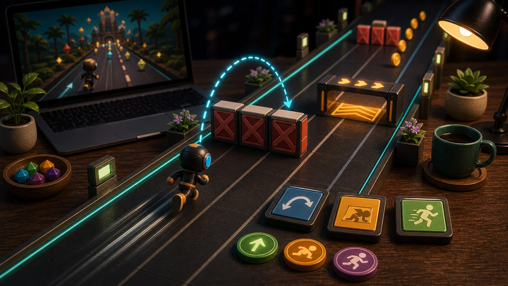 Illustrated endless runner lane with obstacle blocks, jump arc, slide gate, and recovery tokens