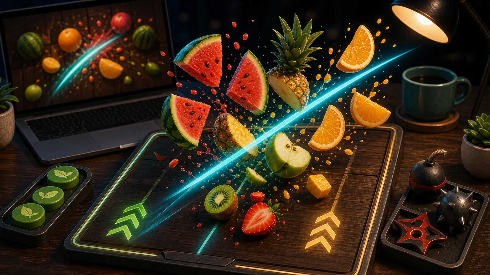 Illustrated fruit slicing scene with colorful fruit arcs, diagonal swipe trails, and hazard tokens