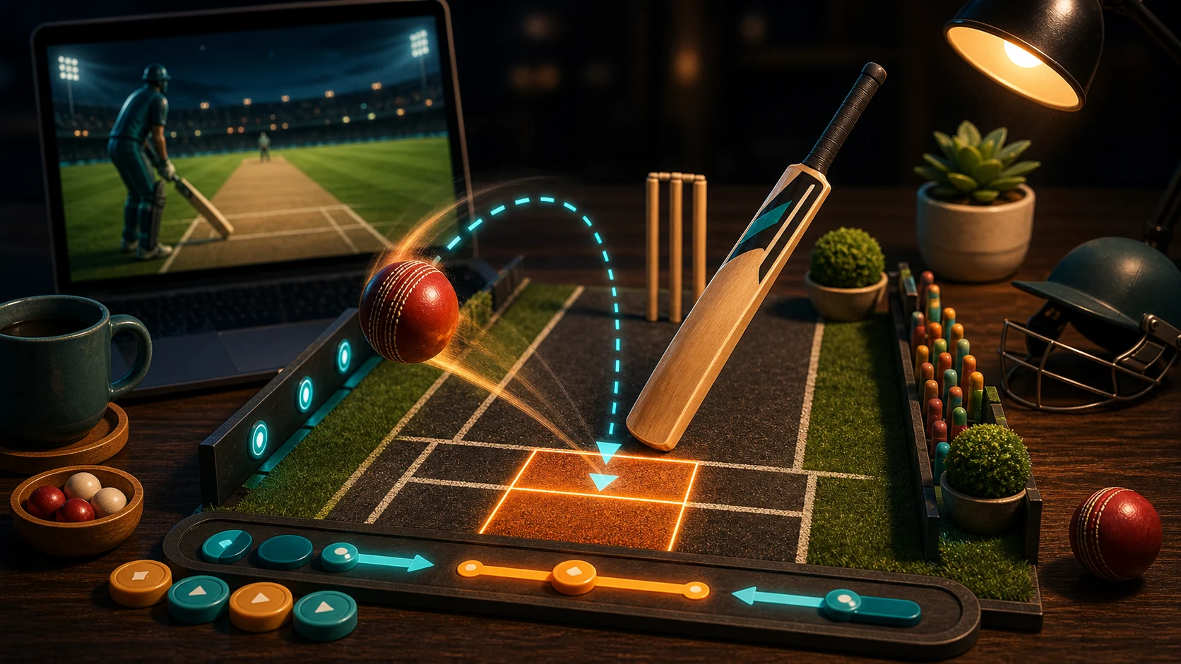 Illustrated cricket crease with bat, ball path, swing arc, and glowing timing zone