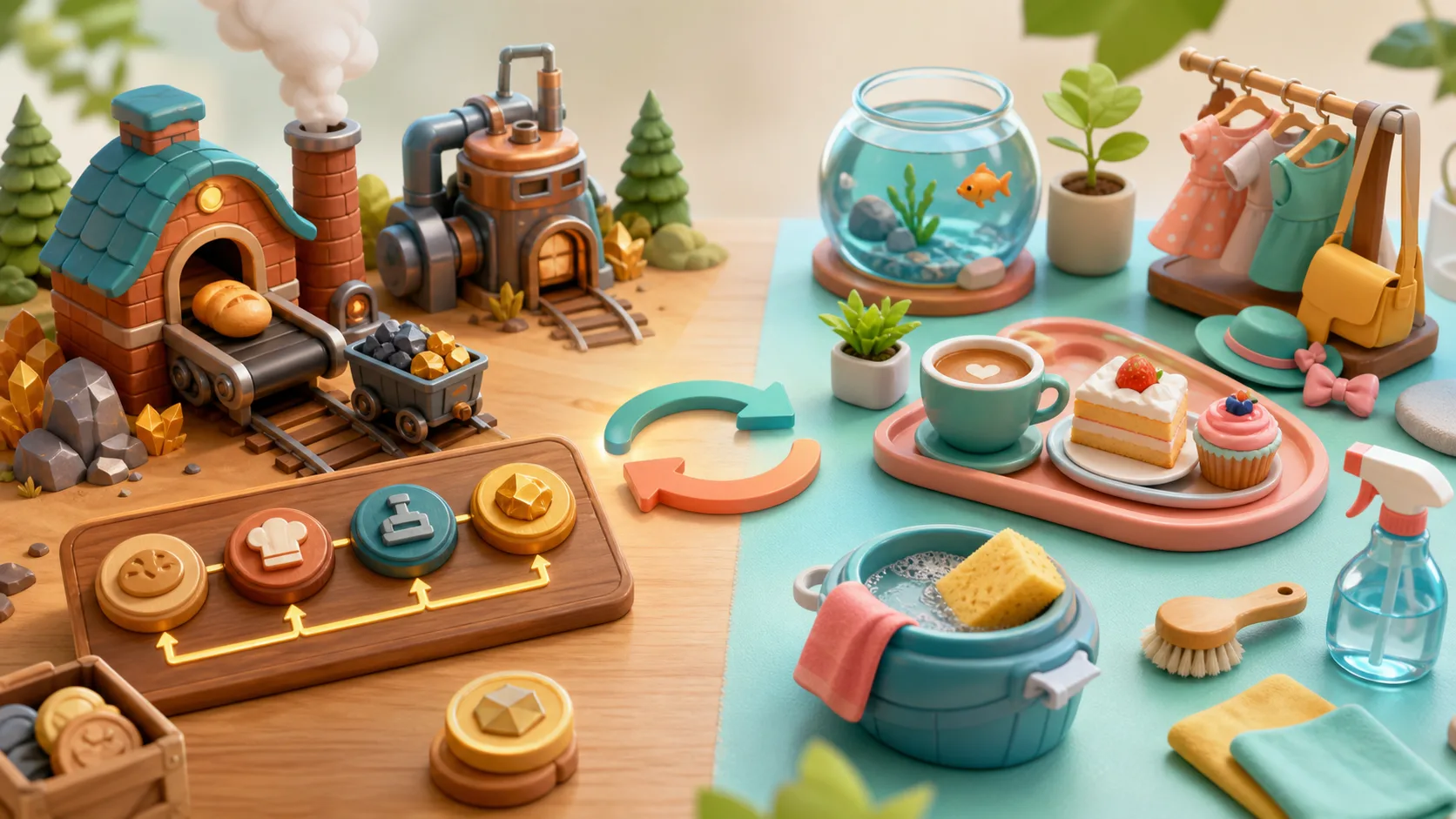 Illustration comparing idle upgrade tokens with cafe, aquarium, styling, and cleaning task objects on a tabletop