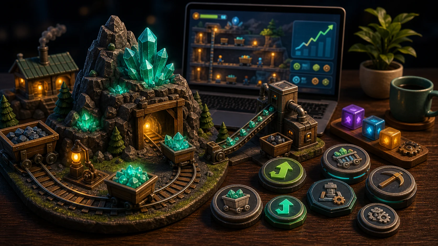 Illustrated mine diorama with ore crystals, mine carts, conveyor paths, and upgrade tokens