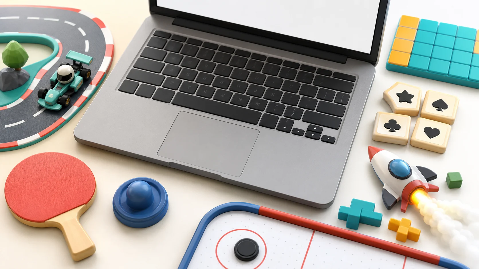 Illustrated laptop keyboard with colorful game tokens for word, puzzle, racing, action, and sports browser games