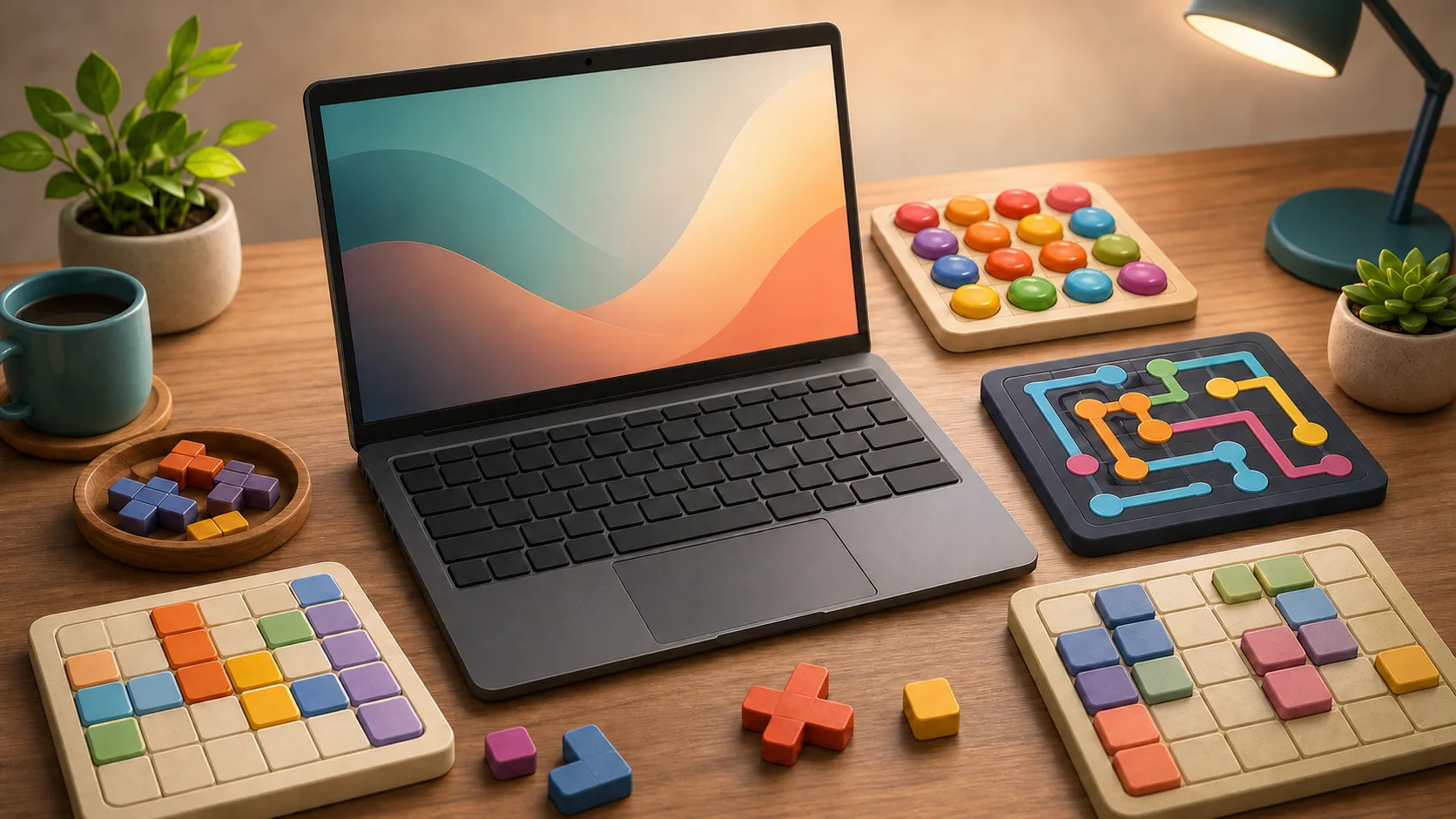 Illustrated laptop with blank keyboard keys surrounded by colorful abstract puzzle boards