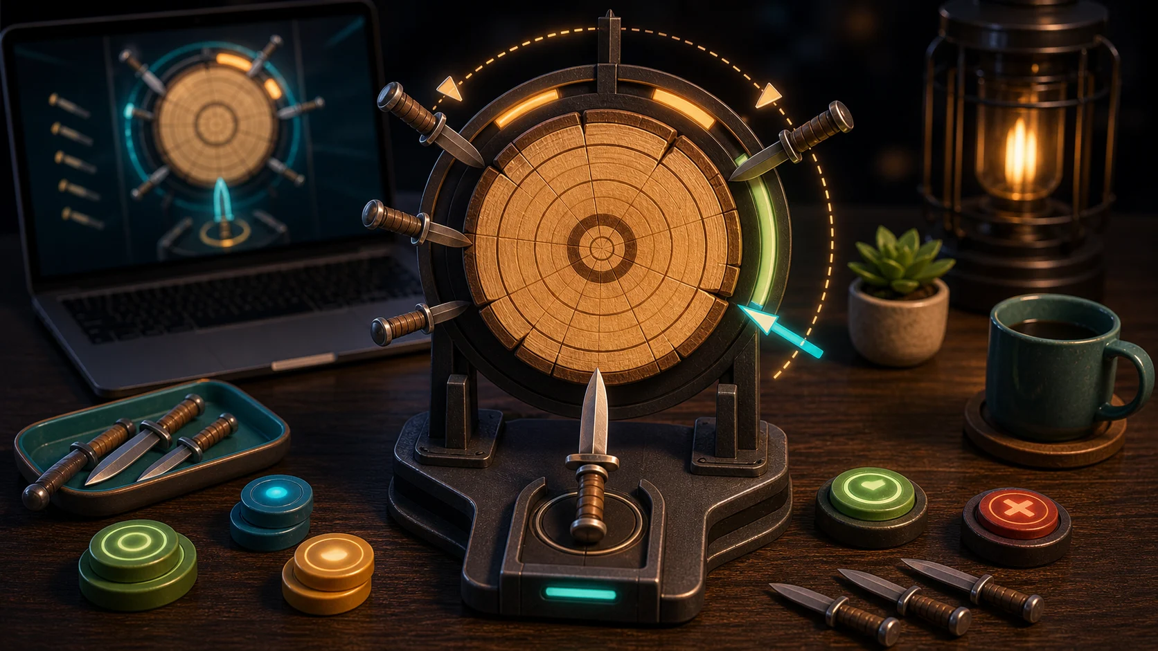 Illustrated rotating wooden target with blade tokens, open gap glow, and timing markers