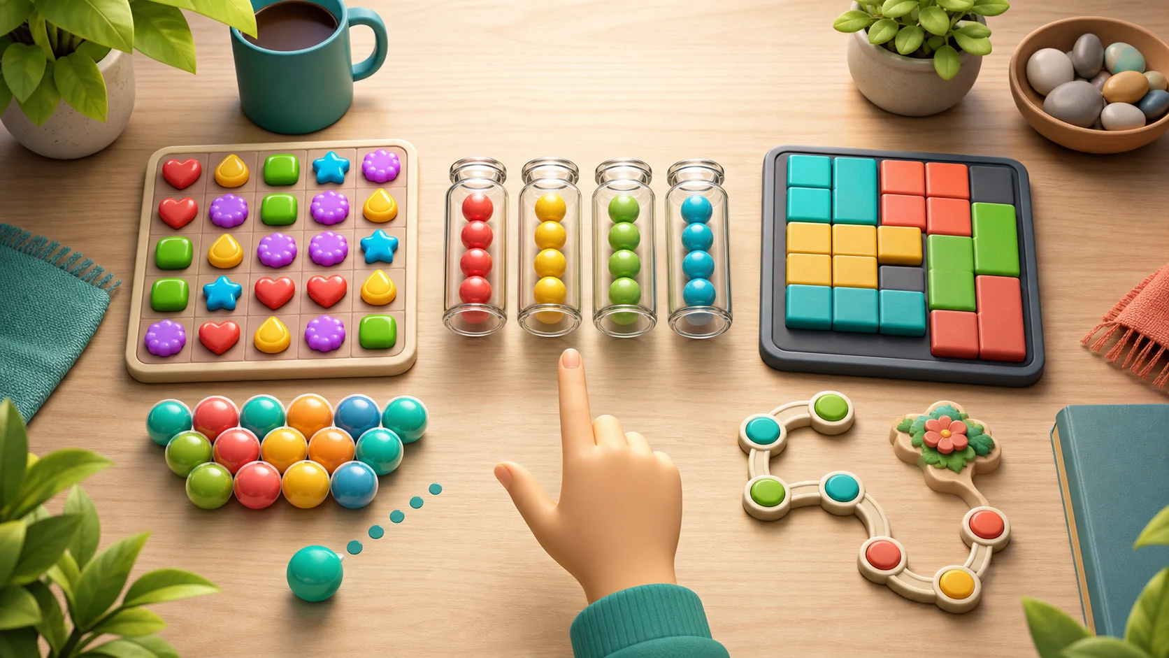 Colorful abstract puzzle boards on a tabletop showing matching tiles, sorting jars, blocks, bubbles, and path dots