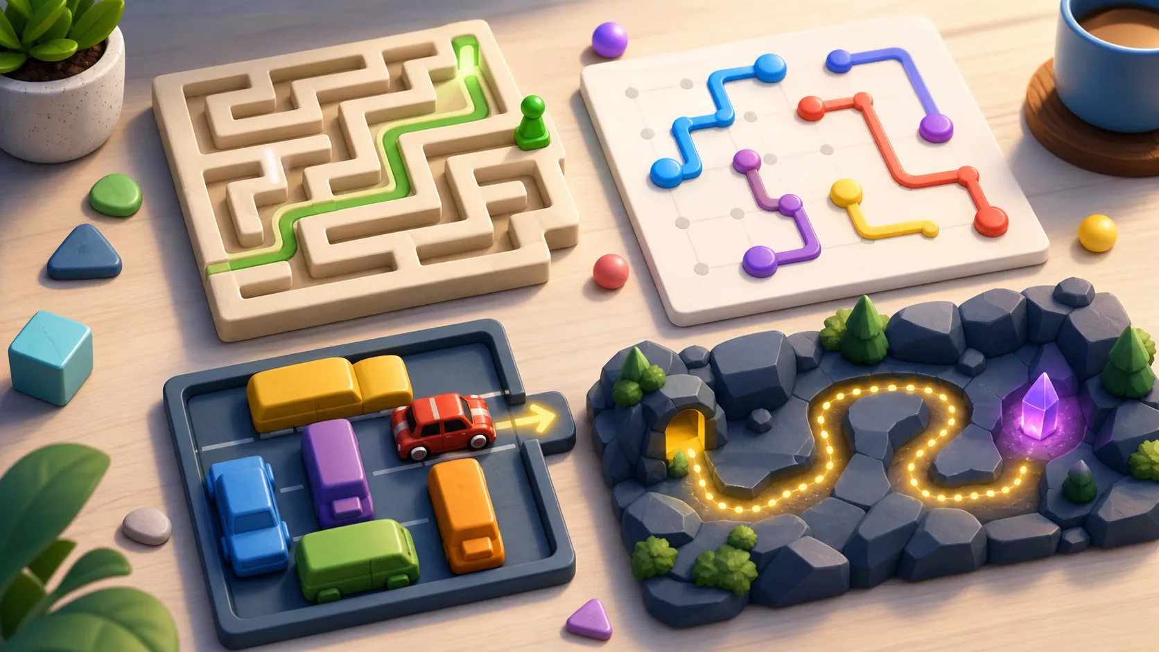 Illustration of maze paths, connected dots, a car-unblock lane, and a glowing cave trail on a tabletop
