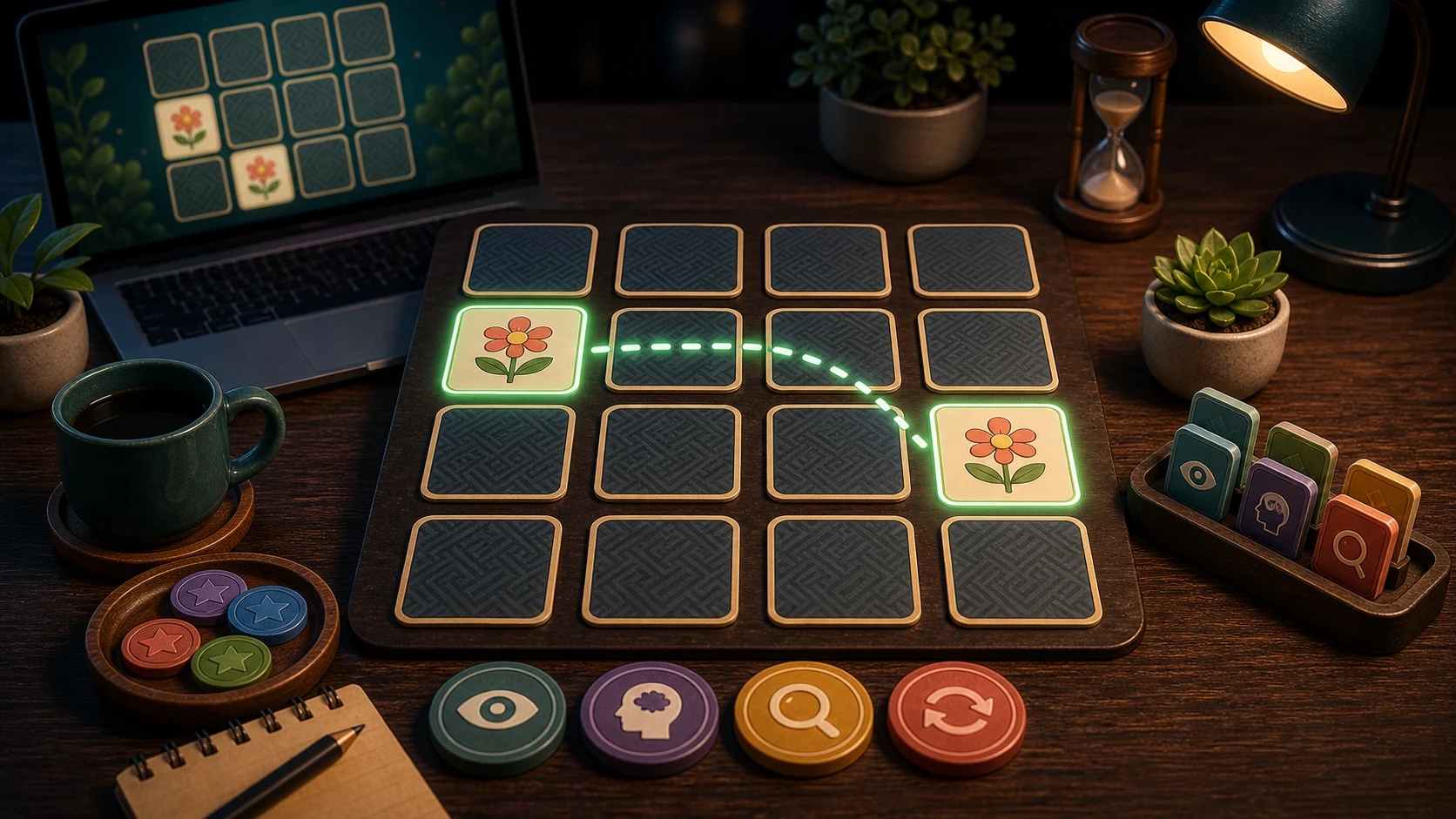 Illustrated memory card grid with two matching symbol cards and a gentle recall path
