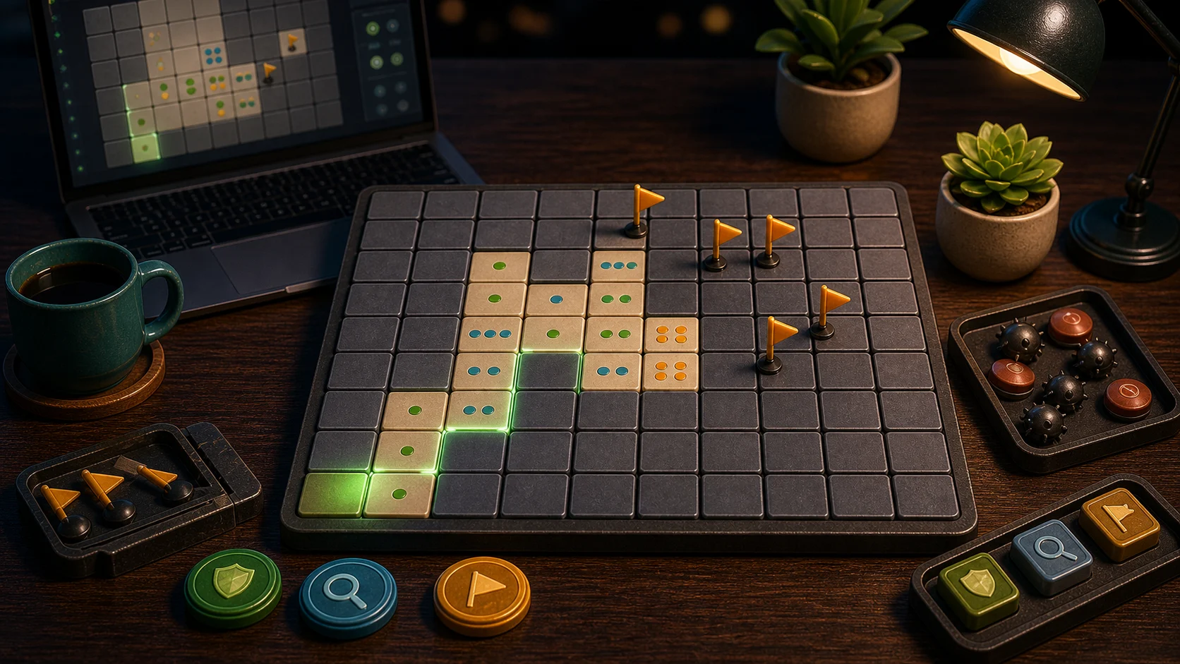 Illustrated minesweeper-style grid with covered cells, flag tokens, and colored dot clue tiles