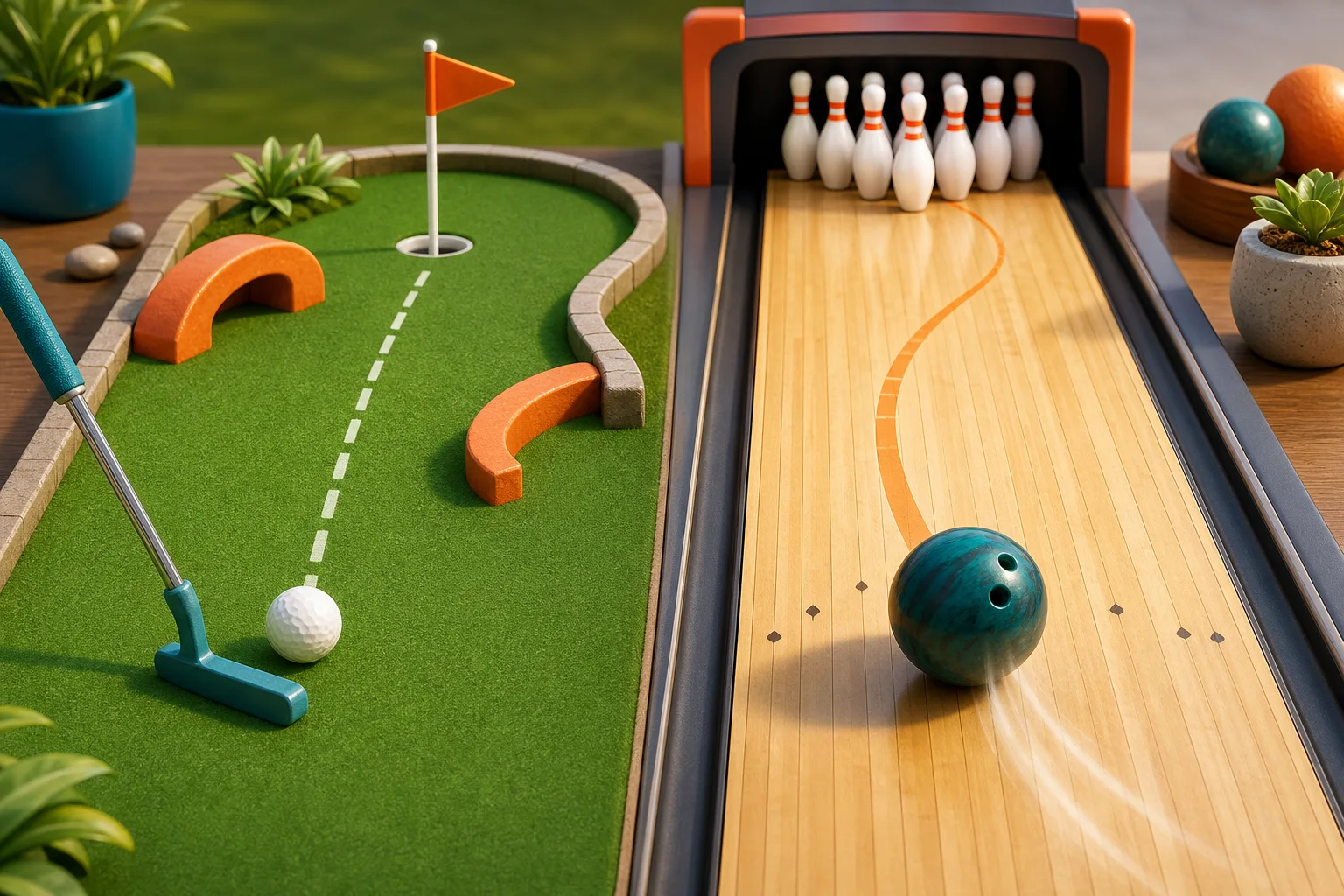 Illustrated tabletop comparison of a mini golf putt beside a bowling lane roll