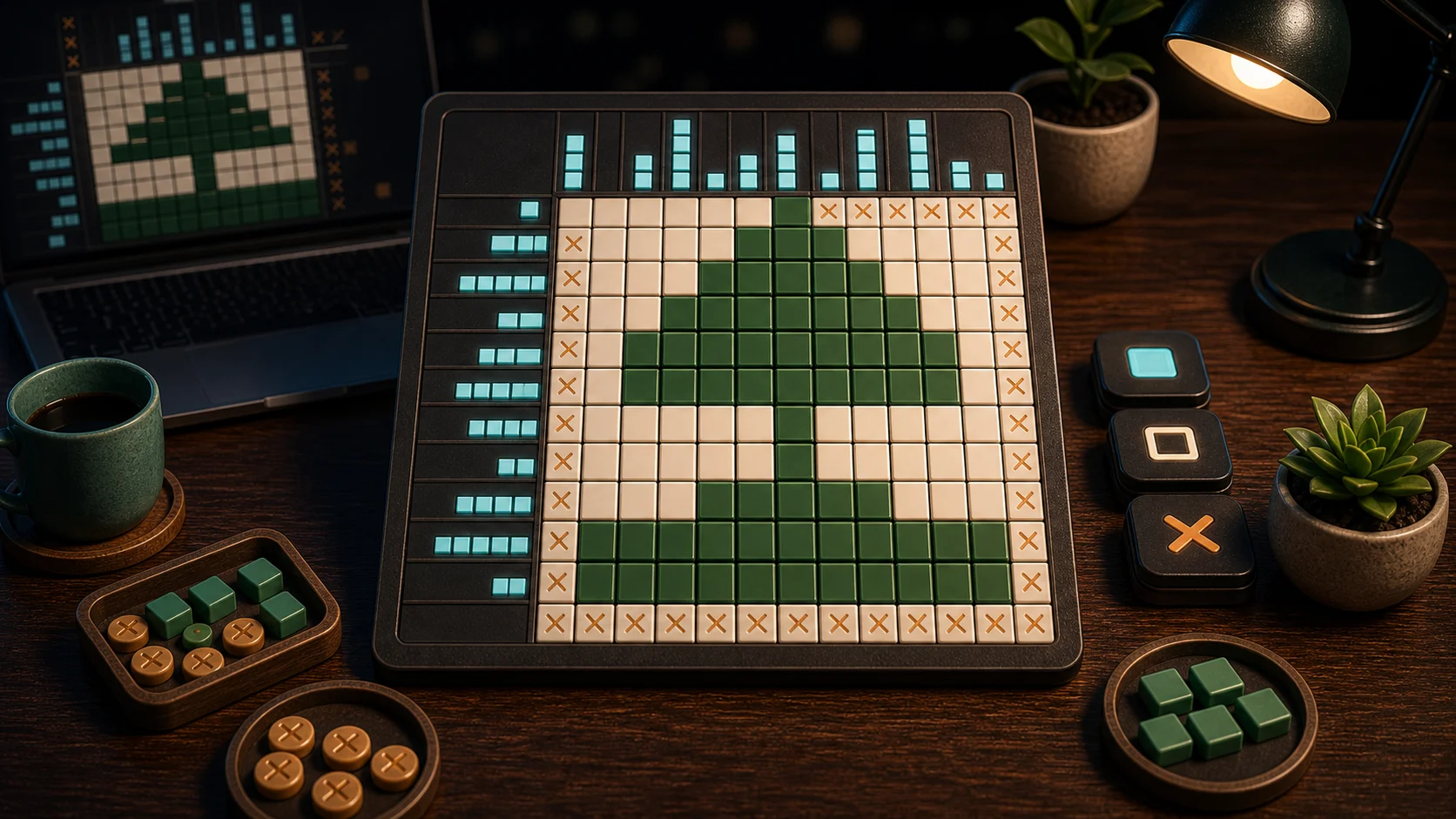 Illustrated nonogram grid with filled cells, clue blocks, blank markers, and picture-puzzle shape