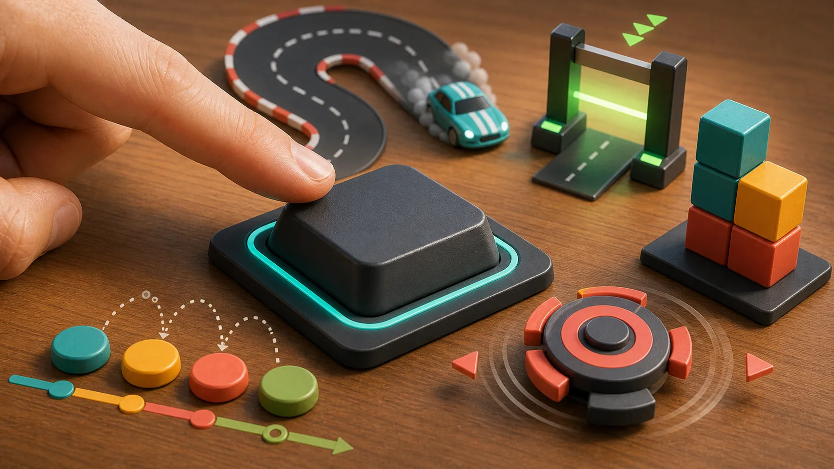 Illustration of a finger pressing a large key with abstract timing game pieces nearby