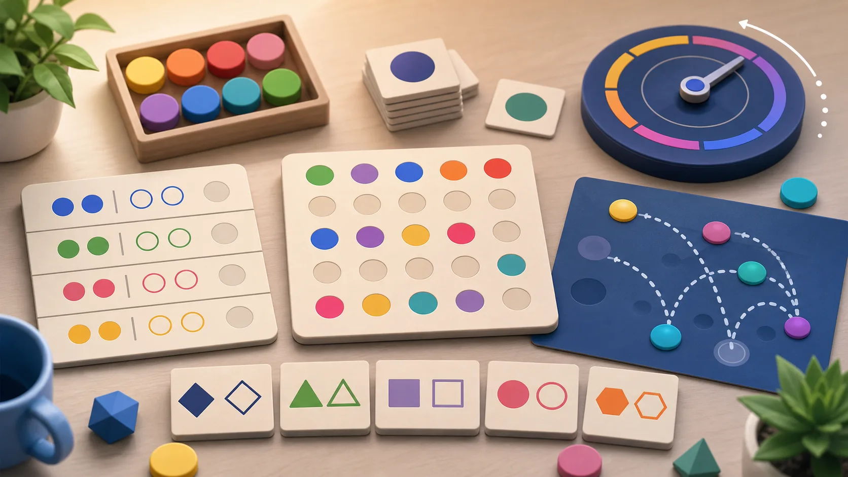 Illustrated tabletop with colorful pattern tiles, matching pieces, route lines, and a timing target