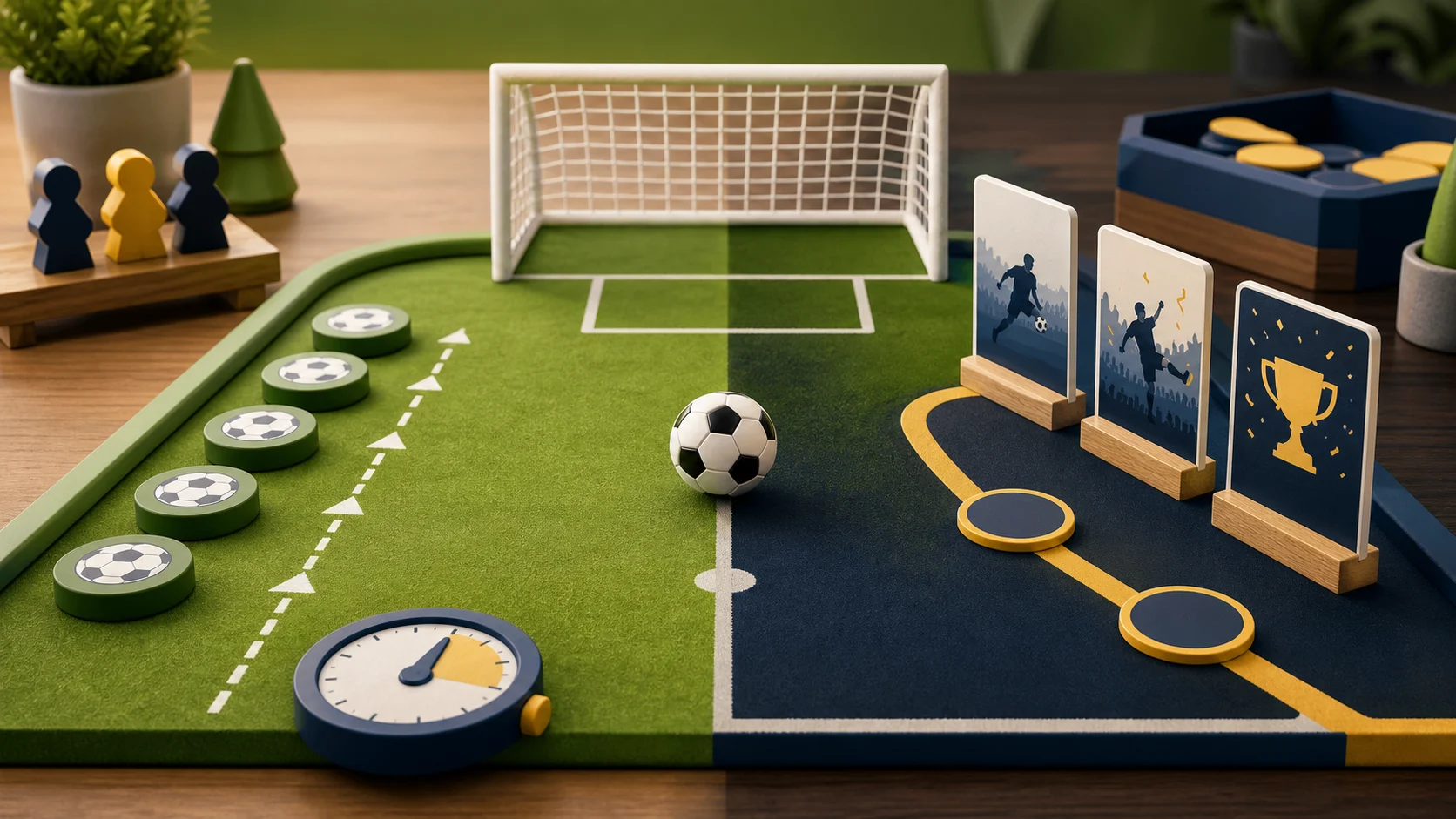 Illustrated tabletop football penalty setup comparing a five-shot lane with a three-stage cup path