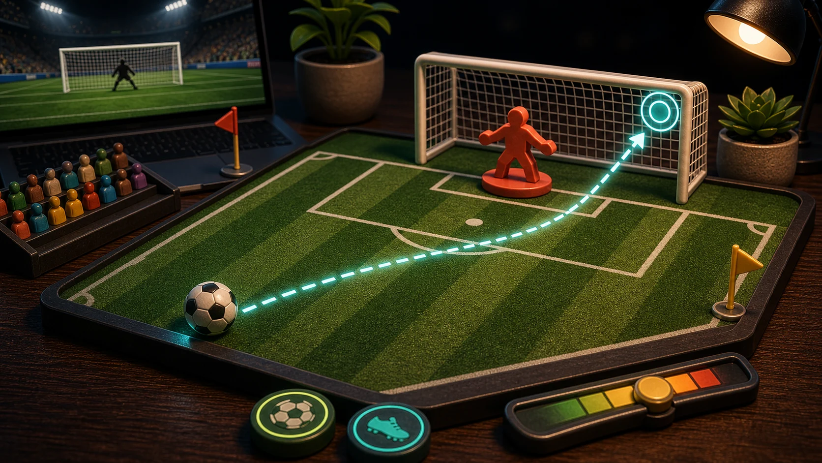Illustrated penalty-kick setup with soccer goal, ball aim lane, keeper token, and timing markers