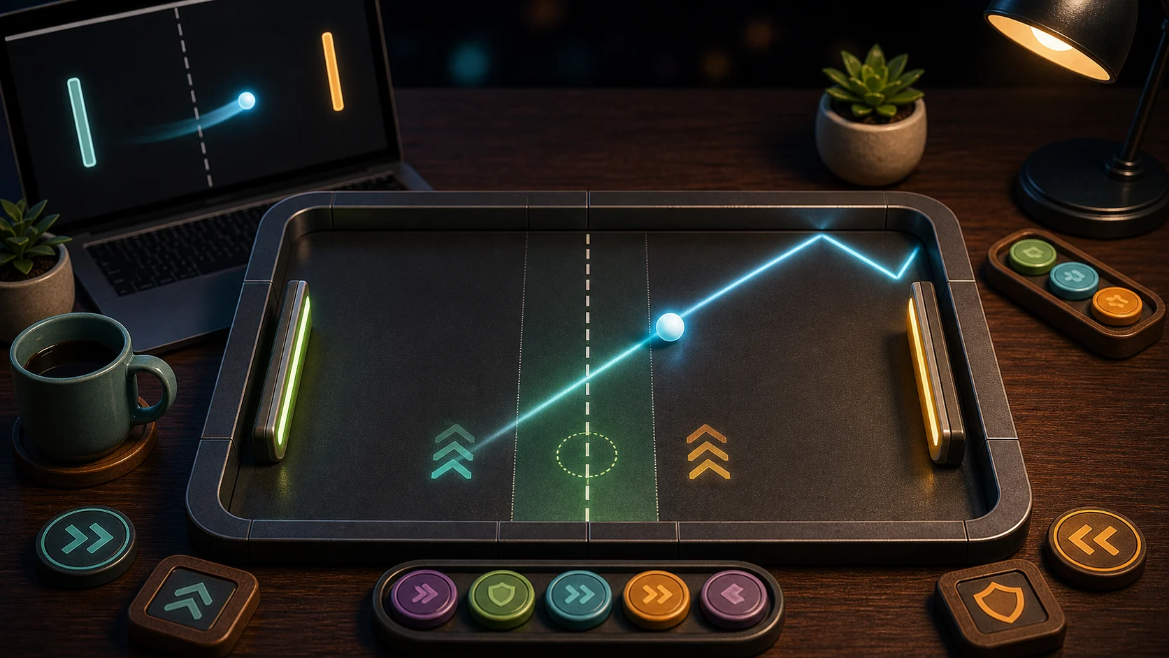 Illustrated pong arena with two paddles, glowing ball trail, and rebound angle markers