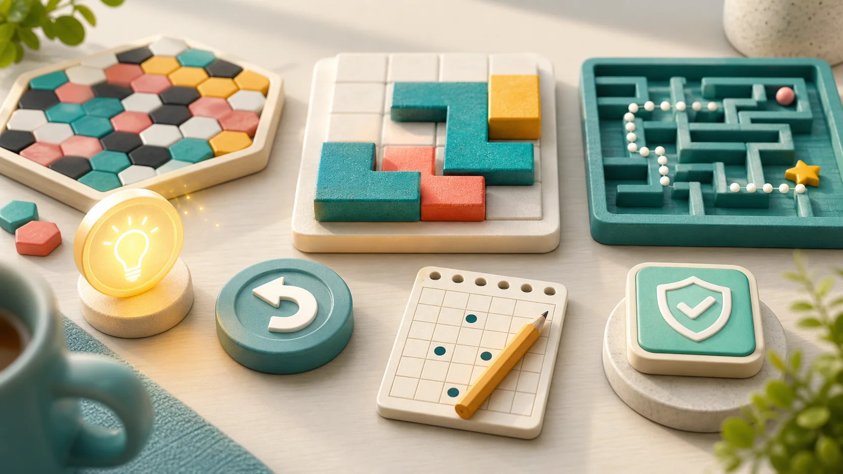 Illustration of abstract puzzle boards with hint, undo, note, and safe-start tokens on a calm tabletop