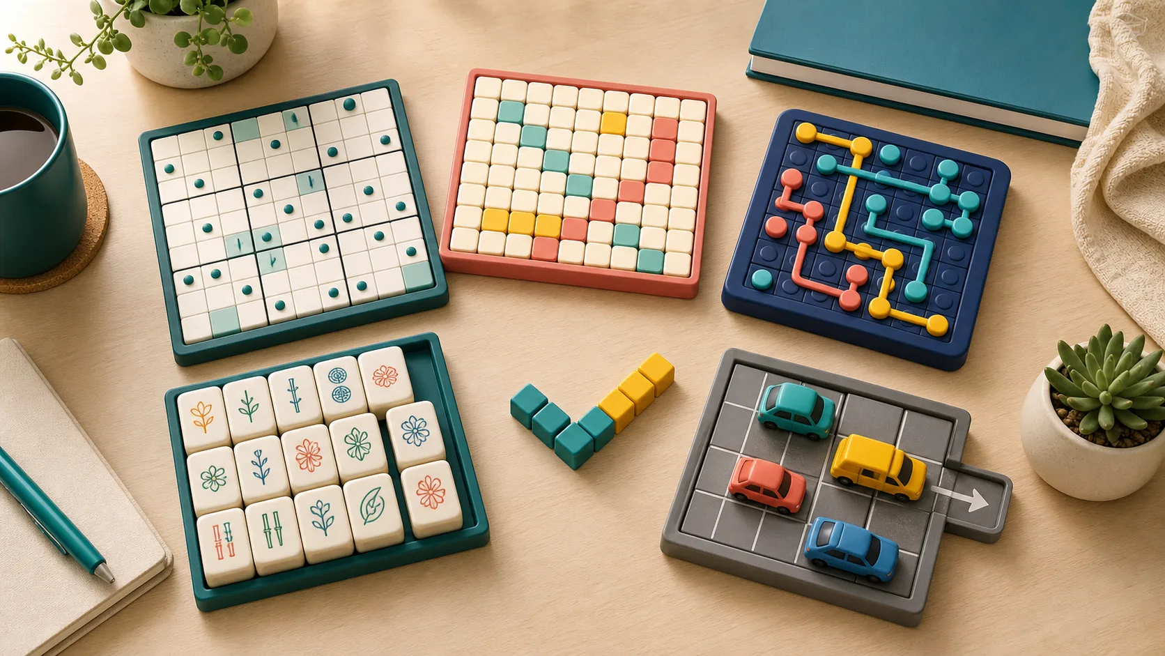 Illustration of several tabletop puzzle boards with a completed checkmark-shaped arrangement of pieces