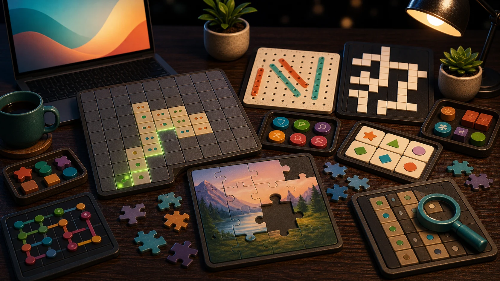 Illustrated tabletop collection of puzzle boards, jigsaw pieces, matching tiles, and logic tokens