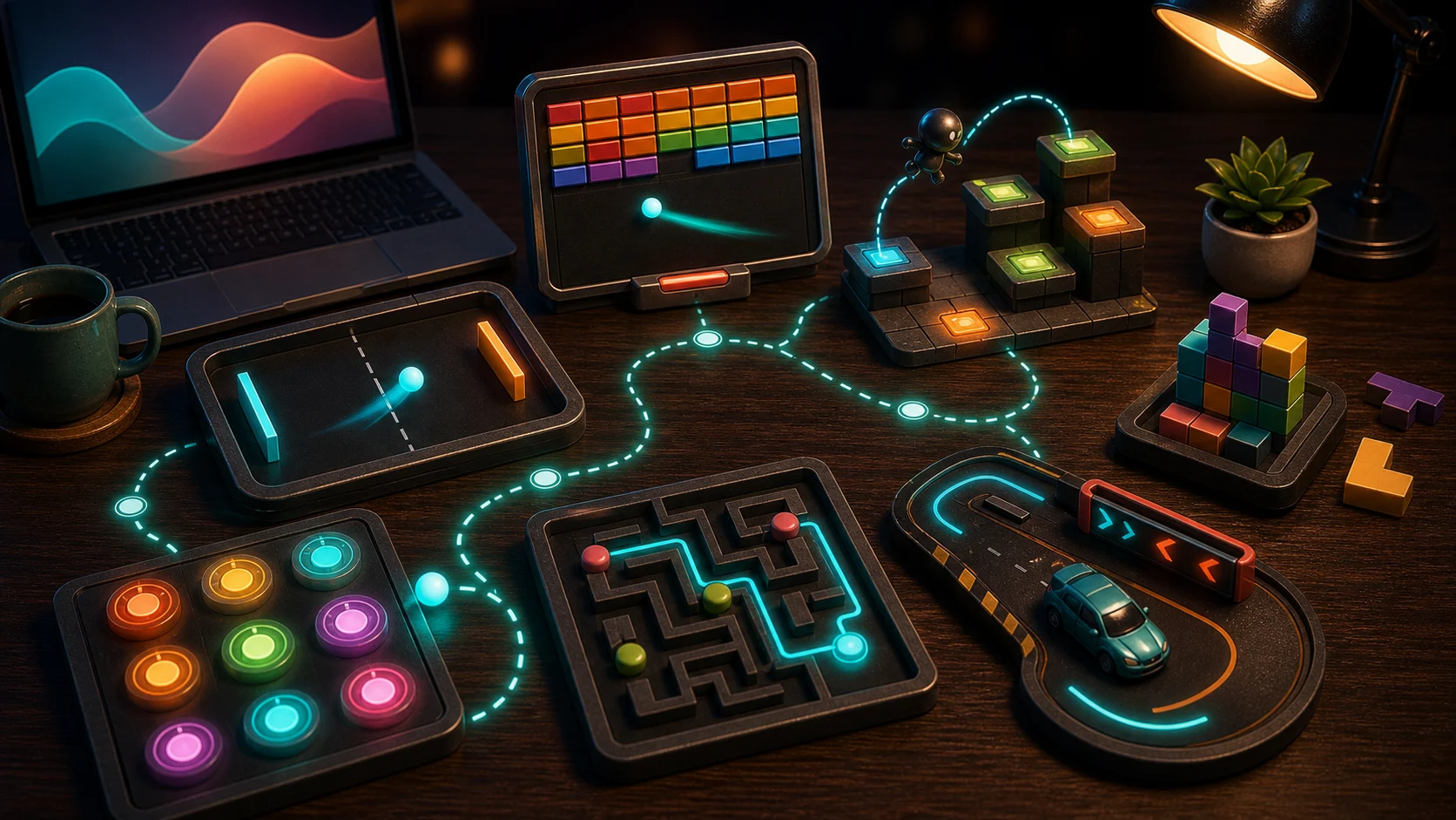 Illustrated tabletop arcade spread with paddle board, brick tiles, hop platforms, stack blocks, and maze path pieces