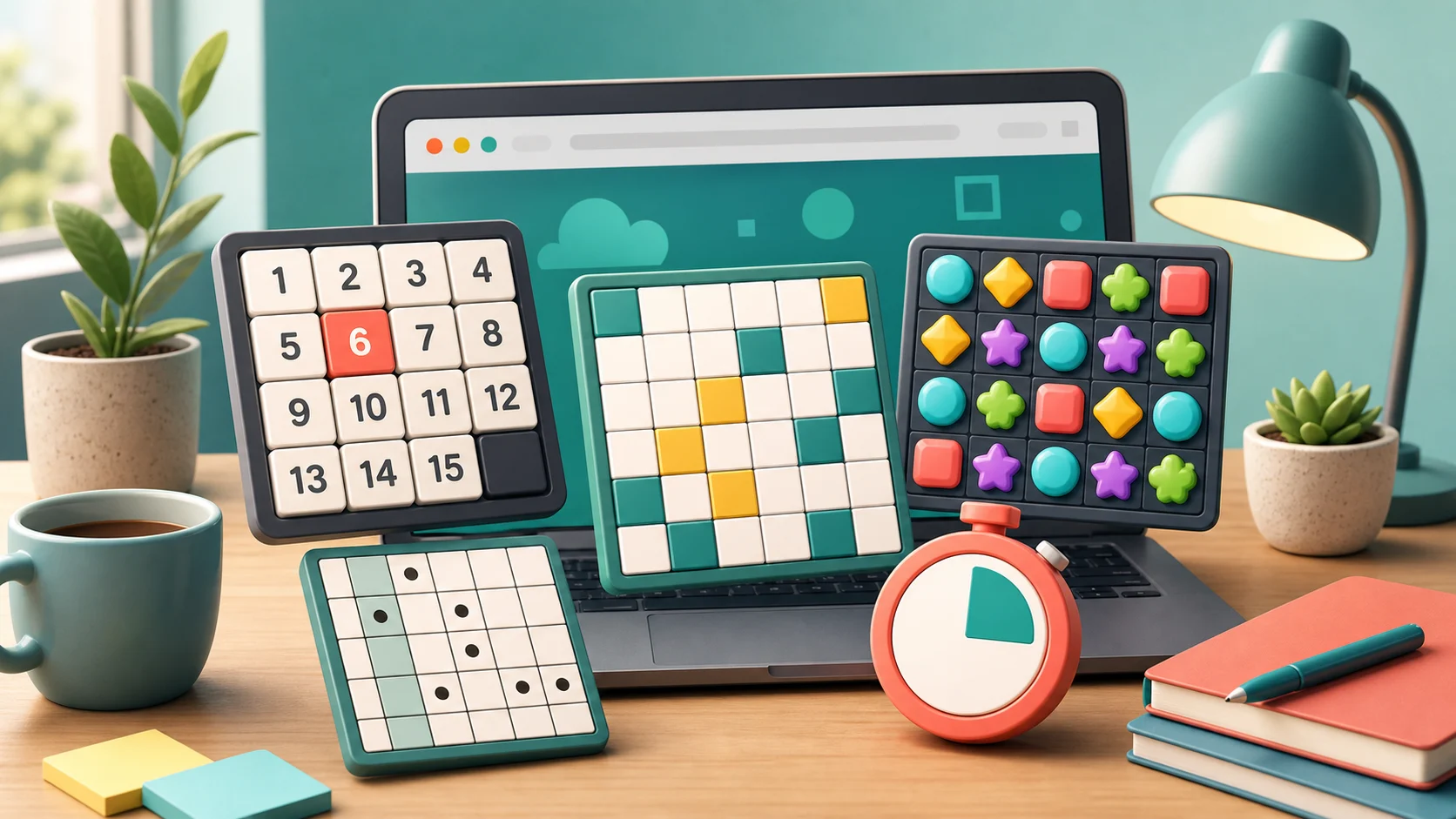 Illustration of browser puzzle boards and a timer on a desk
