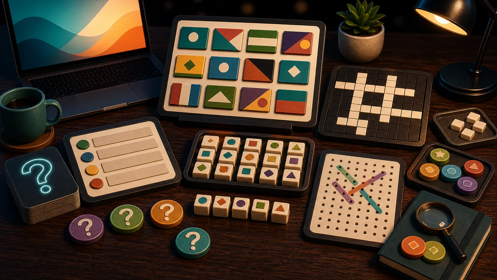 Illustrated tabletop quiz and word challenge spread with question tokens, blank clue cards, and puzzle boards