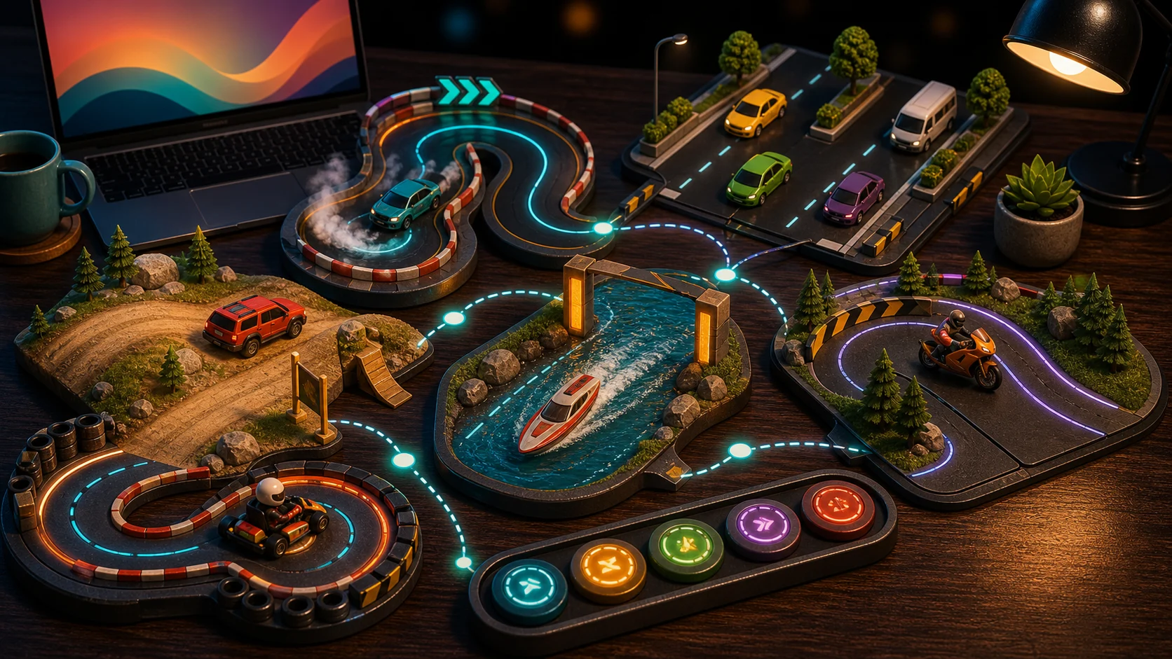 Illustrated racing-game tabletop with drift track, traffic lanes, hill ramp, water gate, bike curve, and kart loop