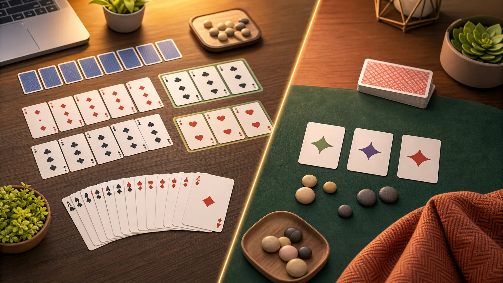 Illustrated tabletop split between a sorted card hand and a three-card pattern choice