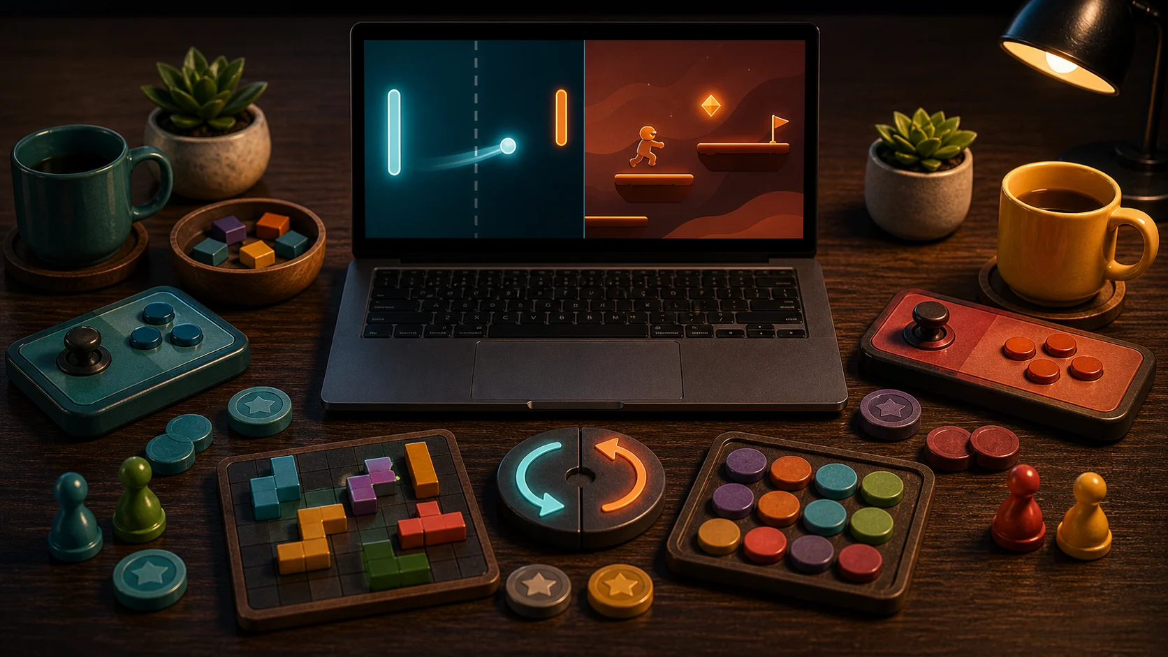 Illustrated laptop with split-screen game areas, mirrored local control tokens, and shared board pieces