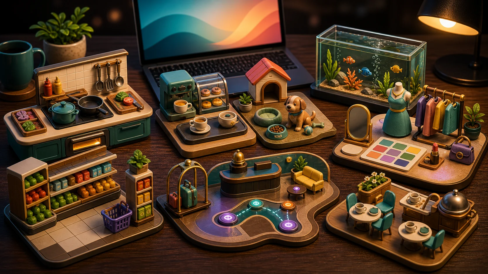 Illustrated desktop spread of miniature simulation stations for kitchen, cafe, pet, aquarium, styling, and shop tasks