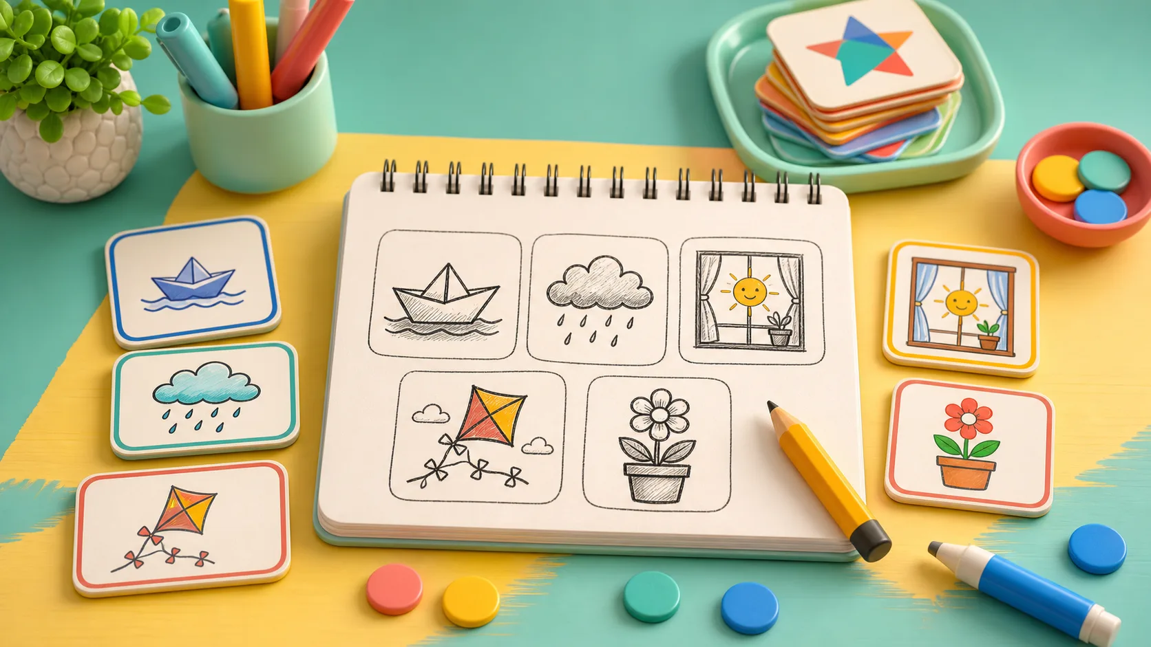 Illustration of a sketchbook, clue cards, and simple prompt drawings on a bright game table