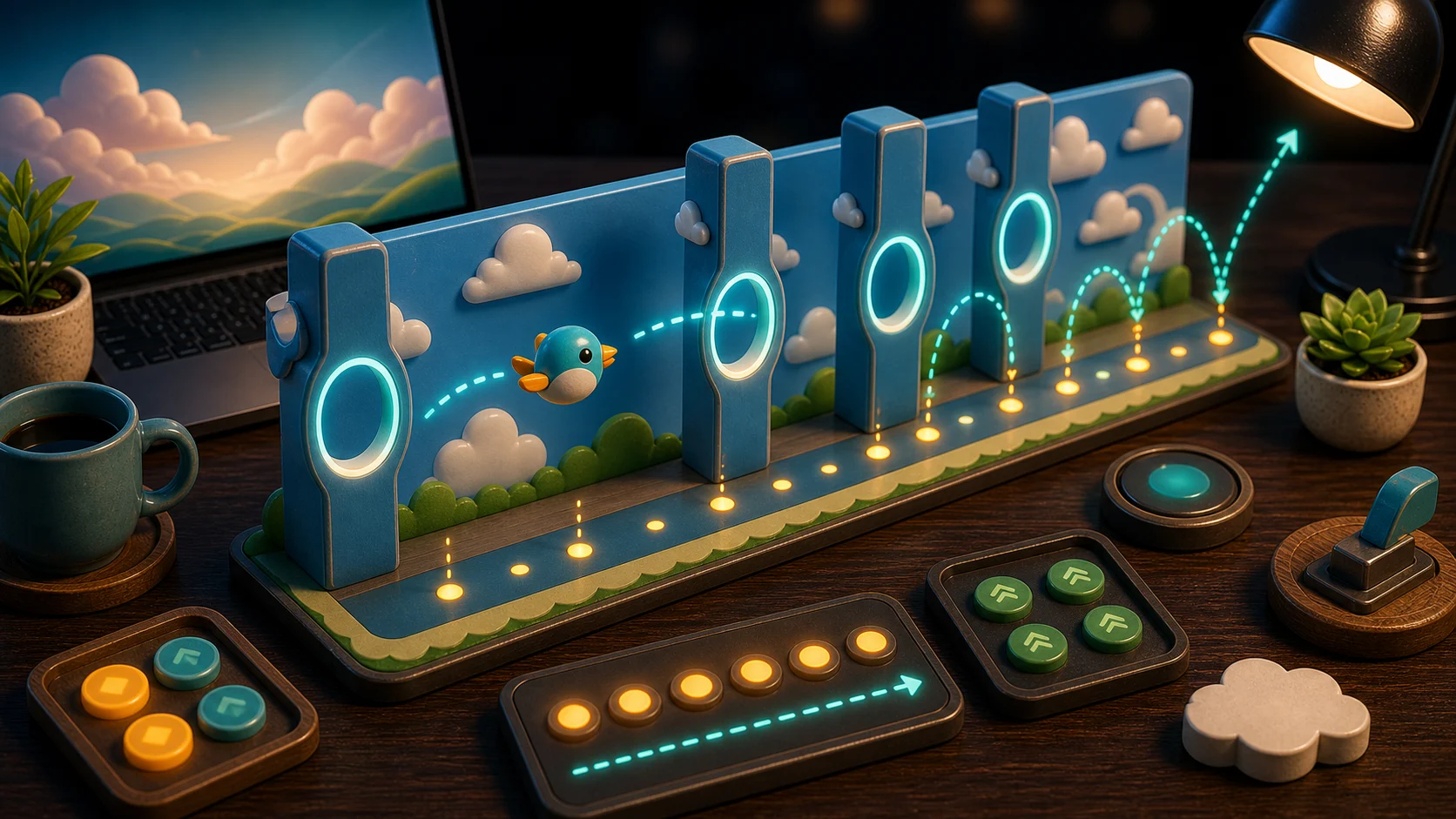 Illustrated sky lane with small bird token, rounded gate openings, tap dots, and recovery path arcs